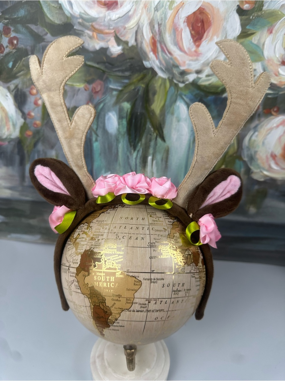 Floral Reindeer Deer Antler Headband Brown Ears Pink Flowers Costume